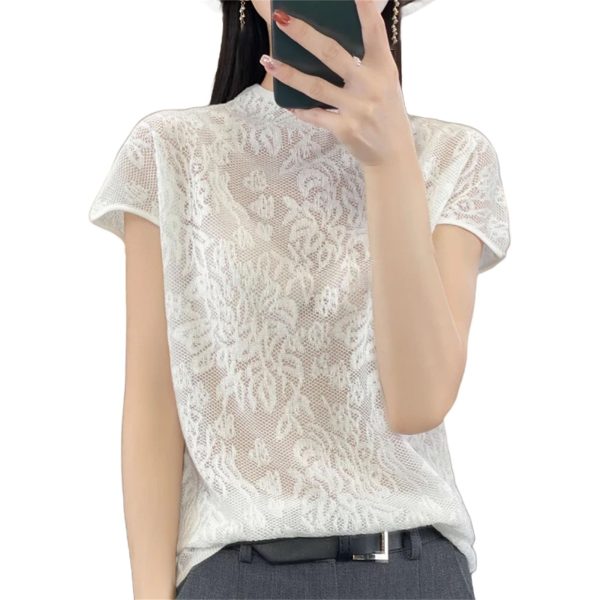 Lace Cashmere Short Sleeve Knit Pullover Thin Breathable Sweater Top
