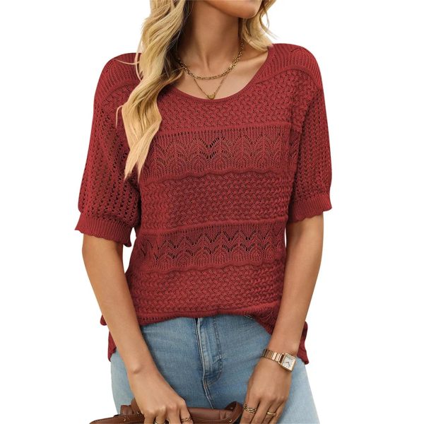 Women Short Sweater Hollow Out O Neck Pullover Knitted Tops Loose Fit Elegant Knit Shirt