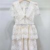 Women's Slimming Embroidery Dress - V-Neck Short Sleeve High Waist Belted Spring Dress