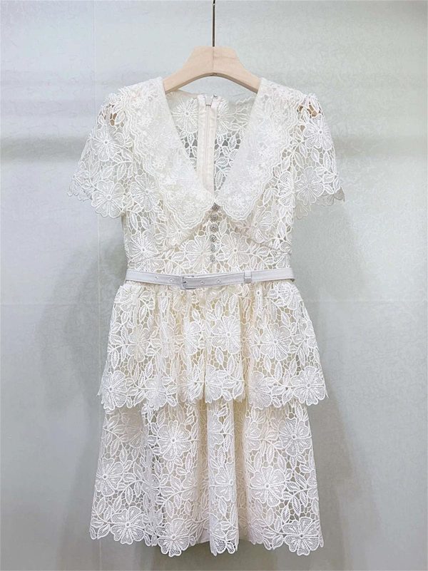 71oa0DlyXJL.jpg Women's Slimming Embroidery Dress - V-Neck Short Sleeve High Waist Belted Spring Dress