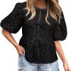 Women's Summer Dressy Casual Tops Short Puff Sleeve Babydoll Peplum Blouse Bow Tie Front Hollow Out Lace Shirts
