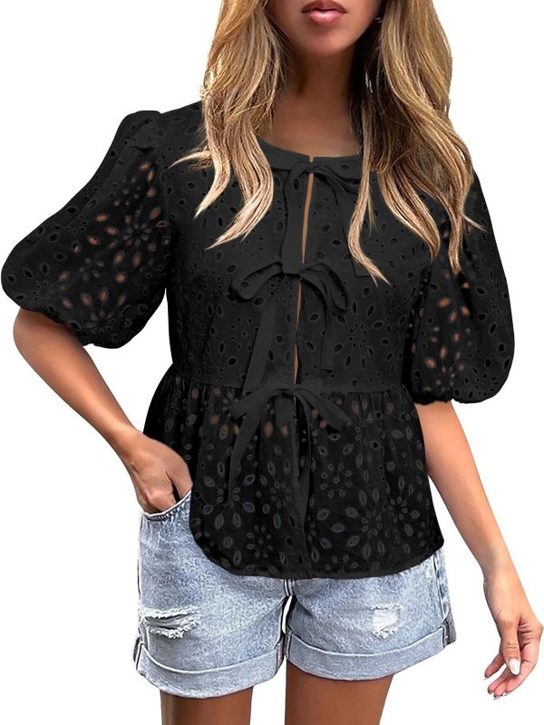 Women's Summer Dressy Casual Tops Short Puff Sleeve Babydoll Peplum Blouse Bow Tie Front Hollow Out Lace Shirts