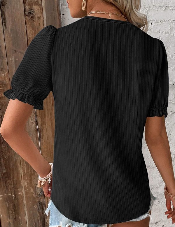 Women's Elegant Lace V Neck Short Sleeve Solid Tops Shirt Blouse