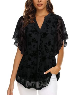 Women's Short Sleeve V Neck Blouses Shirts Floral Double Layers Mesh Tunics Tops
