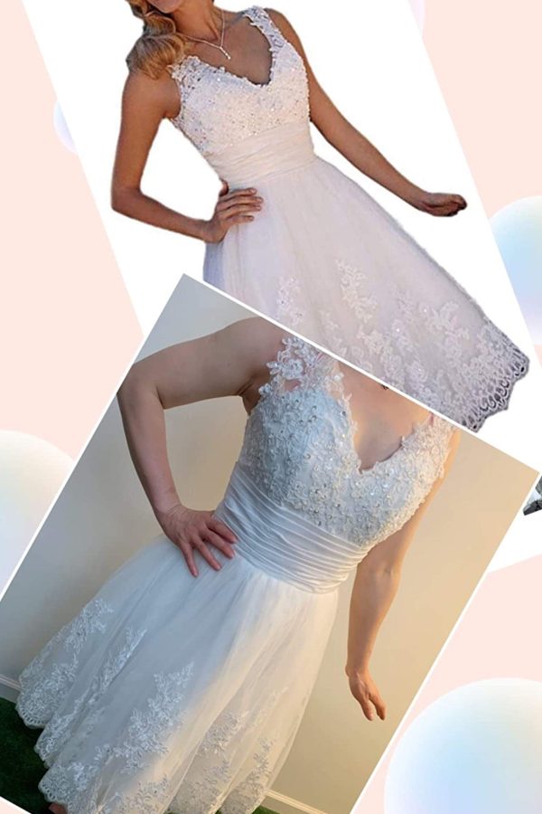 71rLs-EIsML.jpg Short Lace Wedding Dresses Knee Length Travel Tulle Rhinestones V-Neck Lace Up Bride Gowns Vintage Dress