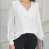Long Sleeve Tops for Women Eyelet Scalloped Lace V Neck Blouse Casual Loose Fashion Shirts