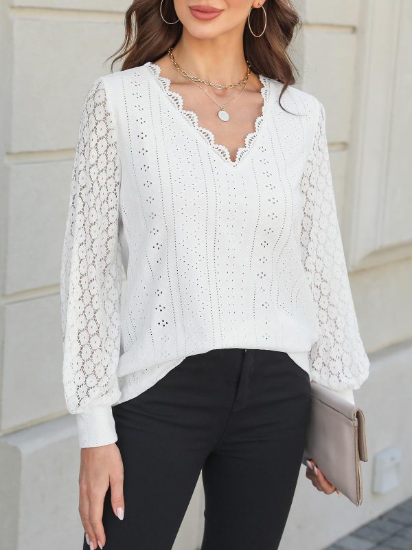 Long Sleeve Tops for Women Eyelet Scalloped Lace V Neck Blouse Casual Loose Fashion Shirts