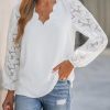 Women Lace Elegant Blouse Long Sleeve Eyelet V Neck Dressy Party Floral Tops Scalloped V Neck