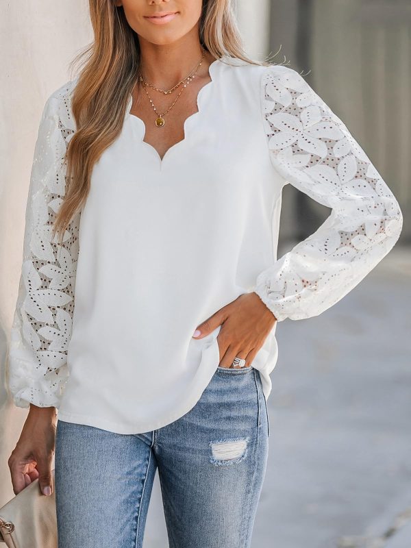 Women Lace Elegant Blouse Long Sleeve Eyelet V Neck Dressy Party Floral Tops Scalloped V Neck