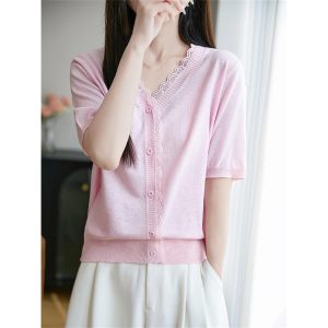 Women's Thin Fine Spun Wool T-Shirt Lace V-Neck Cardigan T-Shirt Knit Solid Color Clothes Fashion Casual