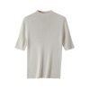 Women Short Sweater Fine Wool O Neck Pullover Vertical Stripe Half Sleeve Knitted Tops