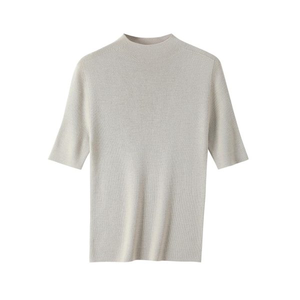 Women Short Sweater Fine Wool O Neck Pullover Vertical Stripe Half Sleeve Knitted Tops