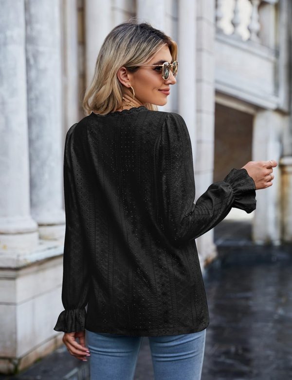 Misyula Womens Lace V Neck Puff Long Sleeve Eyelet Tops Dressy Business Casual Work Shirts Blouse S-XXL
