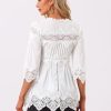 Women's Lace Trim Chiffon Elegant Spring Hollow Out 3/4 Sleeve V Neck Shirts