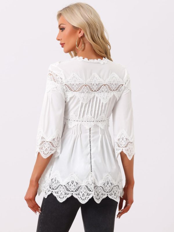 Women's Lace Trim Chiffon Elegant Spring Hollow Out 3/4 Sleeve V Neck Shirts