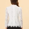 Women's Lace Top Long Sleeve Ruffle Neck Floral Blouse