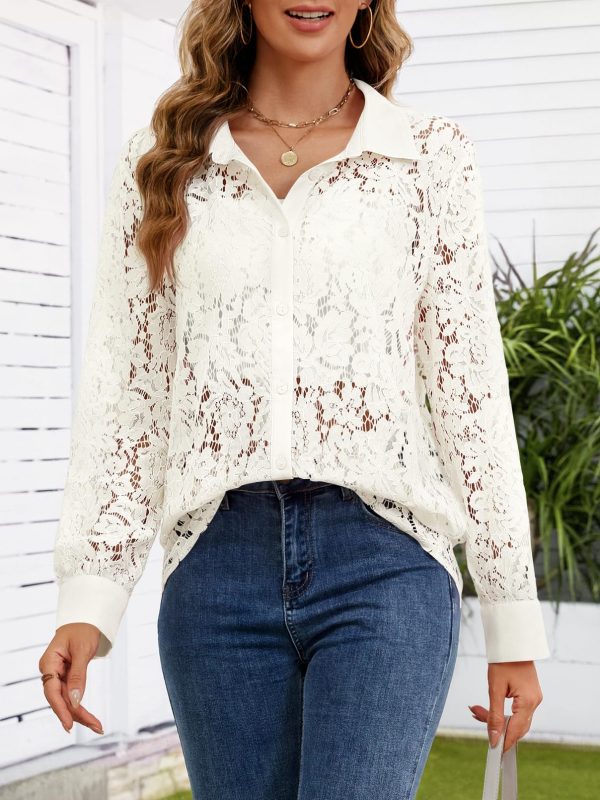 Women's Lace Long Sleeve Tops Dressy Casual Blouse Button Down Sheer Elegant Summer Shirts
