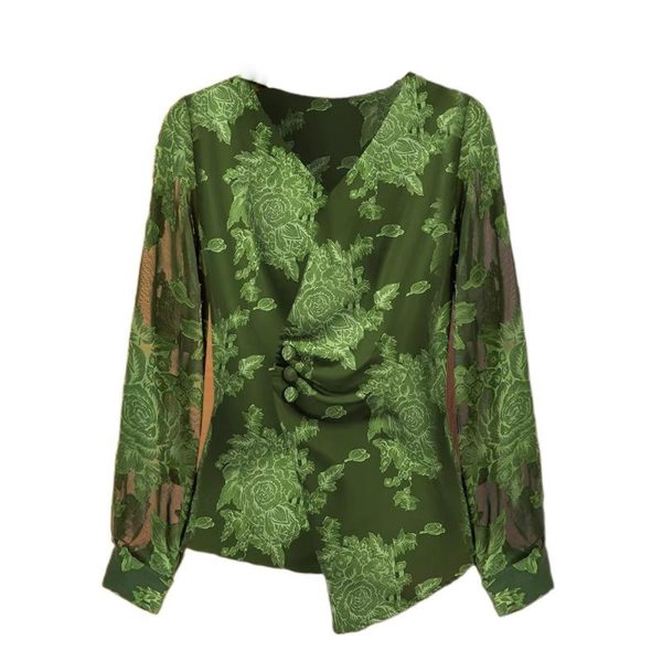 Ladies' Summer Long-Sleeved Chiffon Shirt Navy Blue for Parties Yacht Clubs Blouse for Women