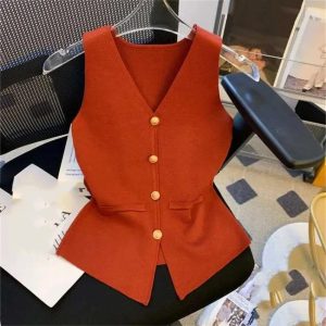 Women Angola Red Knit Vest, V‑Neck Sleeveless Luxury Top