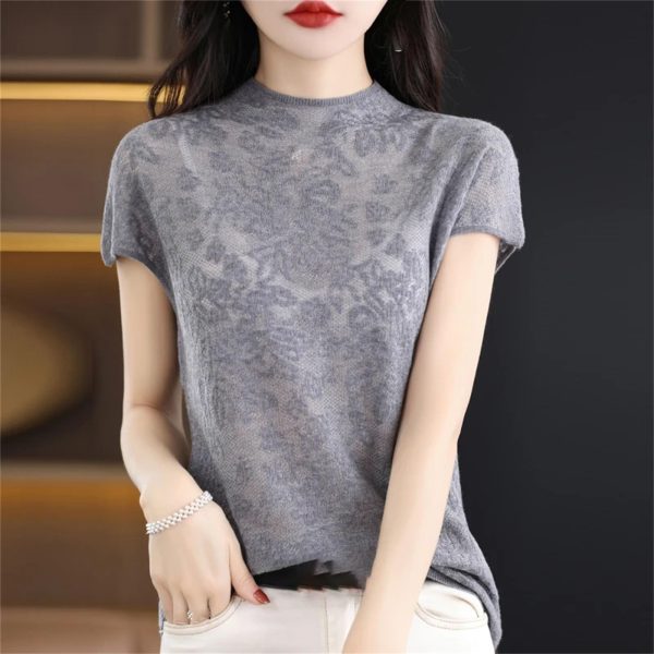 Lace Cashmere Short Sleeve Knit Pullover Thin Breathable Sweater Top