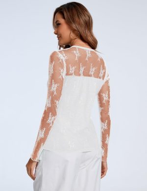 Womens Sexy Sheer Mesh Long Sleeve Tops Crew Neck Double Layered Tee Shirts Going Out Party Club Night Lace Blouse