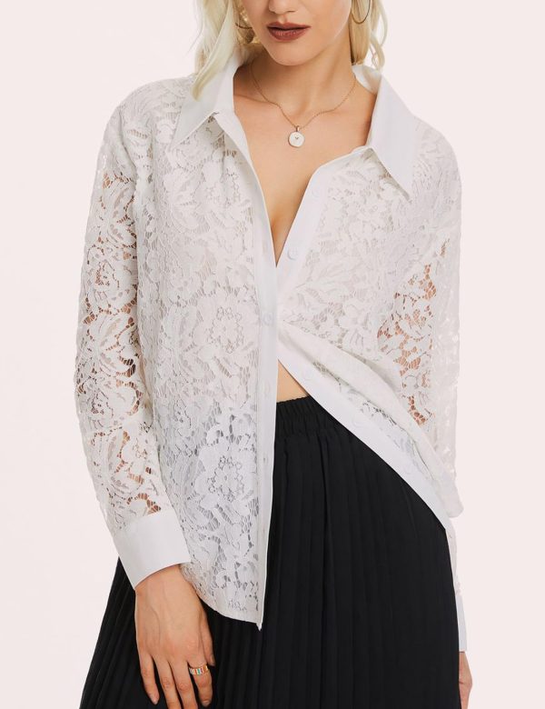 Lace-Tops for Women: Sheer Lace Long Sleeve Top, Elegant Dressy Blouse, Sheer Tops for Women