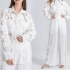 Women's Lace Shirt Set - Hollow Out Top & Elastic Waist Pants 2-Piece