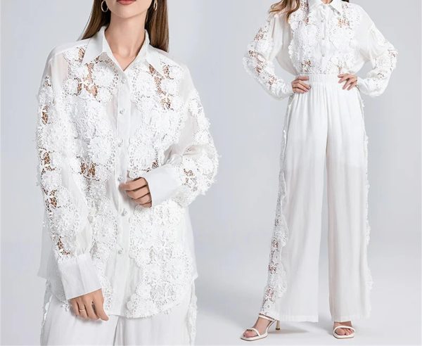 71uvLYamixL.jpg Women's Lace Shirt Set - Hollow Out Top & Elastic Waist Pants 2-Piece