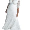 Women's Plus Size Amour Long Lace Wedding Gown, Bridal Dress with 3/4 Long Sleeves in Ivory Vintage-Inspired Lace