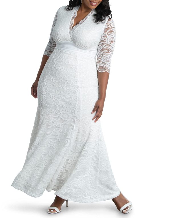 Women's Plus Size Amour Long Lace Wedding Gown, Bridal Dress with 3/4 Long Sleeves in Ivory Vintage-Inspired Lace