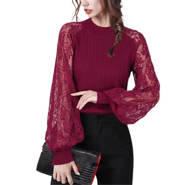 Ladies' Summer Long-Sleeved Chiffon Shirt with Lace & Embroidery for Weddings Galas Blouse for Women