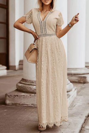 Women's V Neck Short Sleeve Floral Lace Wedding Dress Bridesmaid Cocktail Party Maxi Dress