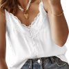 Womens Satin V Neck Lace Trim Buttoned Cami Spaghetti Strap Camisole Sleeveless Tank Tops