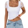 Cute Lace Square Neck Tops for Women Trendy Double Lined Fitted Short Sleeve T Shirts Going Out Y2K Summer Outfits