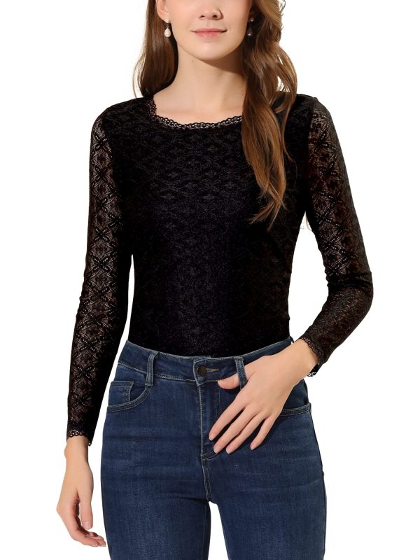 Women's Lace Tops Sheer Dressy Casual Floral Lace Long Sleeve Tops