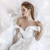 Lace Train Wedding Dress for Bride Aline Applique Bride Dress Long Tulle Off Shoulder Strapless