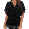 Women's Short Sleeve V Neck Blouses Shirts Floral Double Layers Mesh Tunics Tops