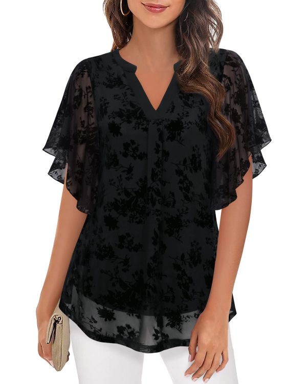 Women's Short Sleeve V Neck Blouses Shirts Floral Double Layers Mesh Tunics Tops