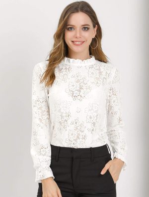 Women's Elegant See Through Top Ruffle Frill Neck Long Sleeve Floral Lace Blouse
