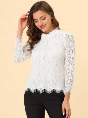 Women's Lace Top Long Sleeve Ruffle Neck Floral Blouse