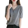 Women's Thin Fine Spun Wool T-Shirt Lace V-Neck Cardigan T-Shirt Knit Solid Color Clothes Fashion Casual