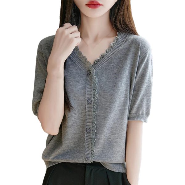 Women's Thin Fine Spun Wool T-Shirt Lace V-Neck Cardigan T-Shirt Knit Solid Color Clothes Fashion Casual