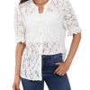 Women's Summer Puff Short Sleeve Button Up Lace Top V Neck Dressy Casual Eyelet Blouse Shirt