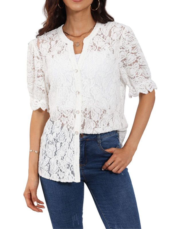 Women's Summer Puff Short Sleeve Button Up Lace Top V Neck Dressy Casual Eyelet Blouse Shirt