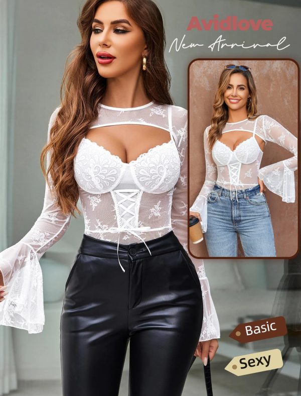 Women Lace Bodysuit with Crop Top Sexy Going Out Bodysuit Floral Lace Lingerie Set Sexy Rave Outfits