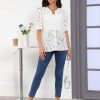 Women's Summer Puff Short Sleeve Button Up Lace Top V Neck Dressy Casual Eyelet Blouse Shirt
