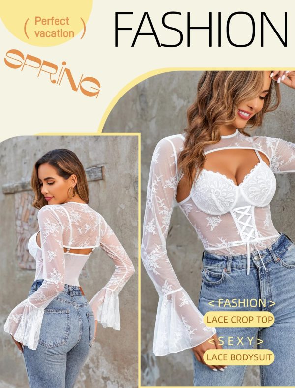 Women Lace Bodysuit with Crop Top Sexy Going Out Bodysuit Floral Lace Lingerie Set Sexy Rave Outfits