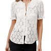 Women Puff Short Sleeve Blouse Shirts Peter Pan Collar Button Down Embroidered Lace See Through Tee Tunic Tops