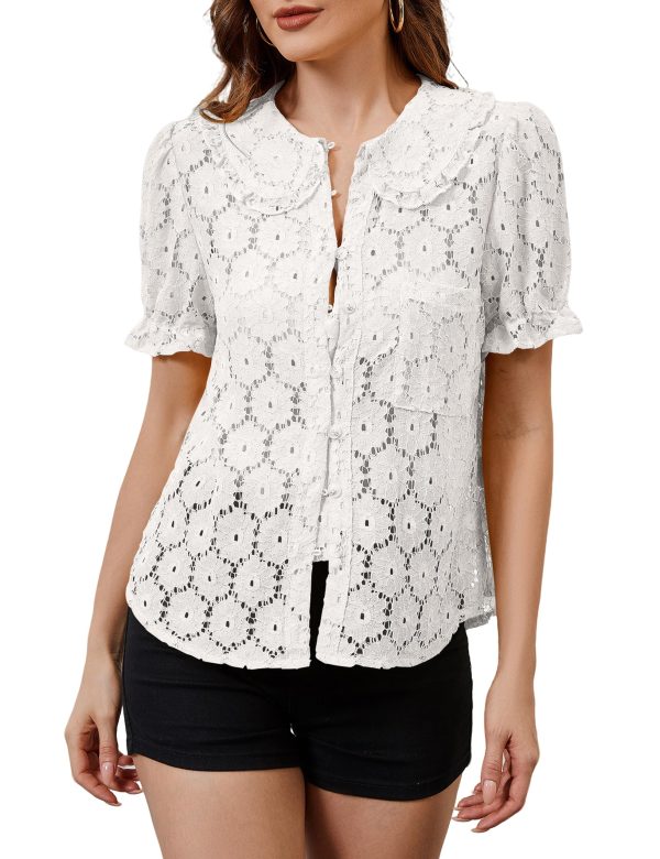 817KjsdXYsL.jpg Women Puff Short Sleeve Blouse Shirts Peter Pan Collar Button Down Embroidered Lace See Through Tee Tunic Tops