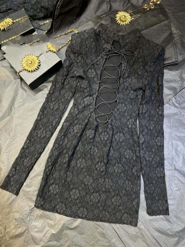 Women's Backless Party Dress - Crisscross Lace-Up Long Sleeve Bodycon Midi Dress